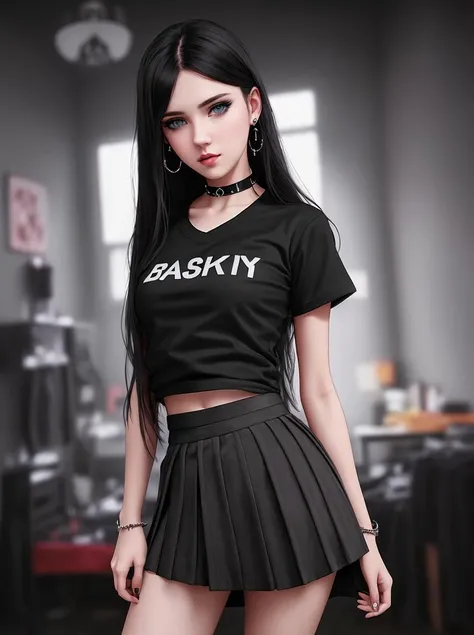 young woman, (wear skirt and black tshirt:1.3), (blue eyes:0.5), (long dark hair:1), (in room:1.3), choker, (piercing:1.2), art, (hdr:1.3), (muted colors:1.2), dramatic, complex background, cinematic, filmic, (artstation:0.8), <lora:amy1.5:1>