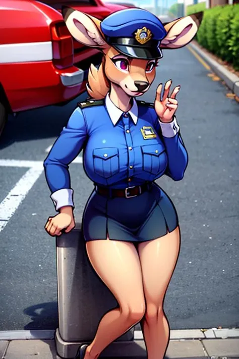(best quality, masterpiece, ultra high res),  <lora:LoimuDeer:0.7>, LoimuDeer, (large_breasts:1.3), police, (police_uniform:1.4), hat, shirt, skirt, furry female,
