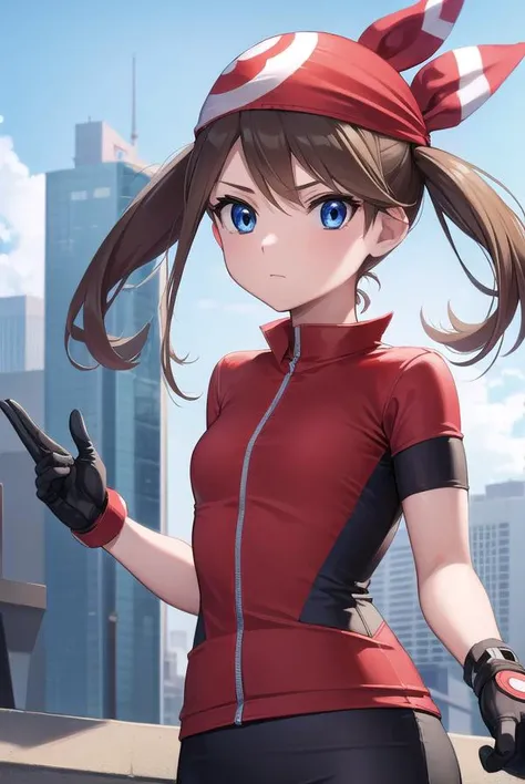 pokemonmay, <lyco:pokemonmay-lyco-nochekaiser:1>,
pokemonmay, blue eyes, brown hair, bandana, long hair, red bandana, twintails, hair between eyes, (small breasts:1.2),
BREAK bike shorts, collared shirt, gloves, microskirt, multicolored shirt, pencil skirt, red shirt, shirt, short sleeves, skirt, white skirt,
BREAK looking at viewer, upper body, full body,
BREAK outdoors, city, sky, sun,
BREAK <lyco:GoodHands-beta2:1>, (masterpiece:1.2), best quality, high resolution, unity 8k wallpaper, (illustration:0.8), (beautiful detailed eyes:1.6), extremely detailed face, perfect lighting, extremely detailed CG, (perfect hands, perfect anatomy),