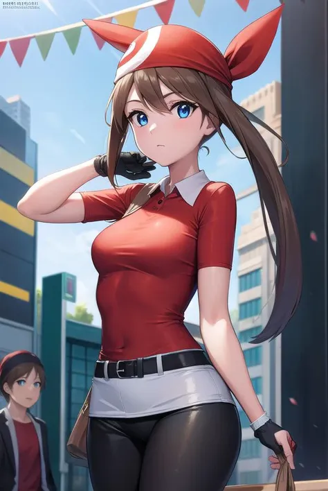 pokemonmay, <lyco:pokemonmay-lyco-nochekaiser:1>,
pokemonmay, blue eyes, brown hair, bandana, long hair, red bandana, twintails, hair between eyes,
BREAK bike shorts, collared shirt, gloves, microskirt, multicolored shirt, pencil skirt, red shirt, shirt, short sleeves, skirt, white skirt,
BREAK looking at viewer, upper body, full body,
BREAK outdoors, city, sky, sun,
BREAK <lyco:GoodHands-beta2:1>, (masterpiece:1.2), best quality, high resolution, unity 8k wallpaper, (illustration:0.8), (beautiful detailed eyes:1.6), extremely detailed face, perfect lighting, extremely detailed CG, (perfect hands, perfect anatomy),