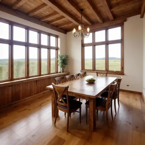 a large wooden table in a room with a lot of windows