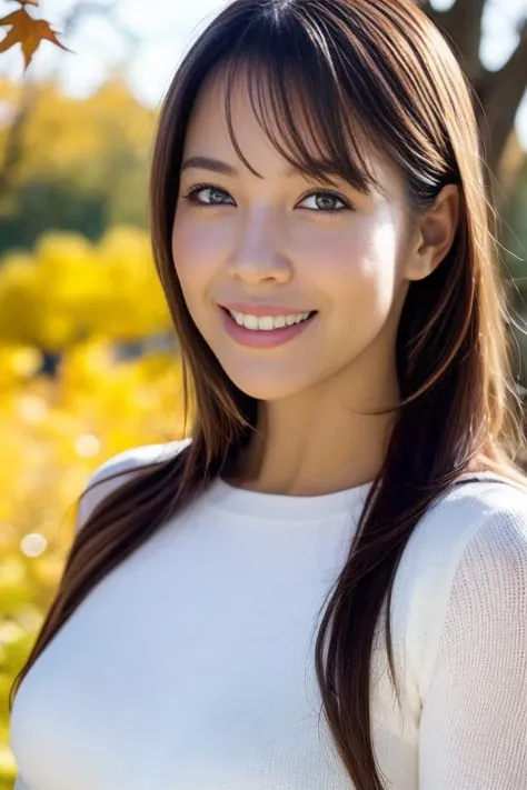 1girl,(wearing a autumn outfit:1.2),(RAW photo, best quality), (realistic, photo-realistic:1.4), masterpiece, an extremely delicate and beautiful, extremely detailed, 2k wallpaper, Amazing, finely detail, extremely detailed CG unity 8k wallpaper, ultra-detailed, highres, soft light, beautiful detailed girl, extremely detailed eyes and face, beautiful detailed nose, beautiful detailed eyes,cinematic lighting,autumn scenery,perfect anatomy,slender body,smiling, <lora:sumireina_lora:0.8>