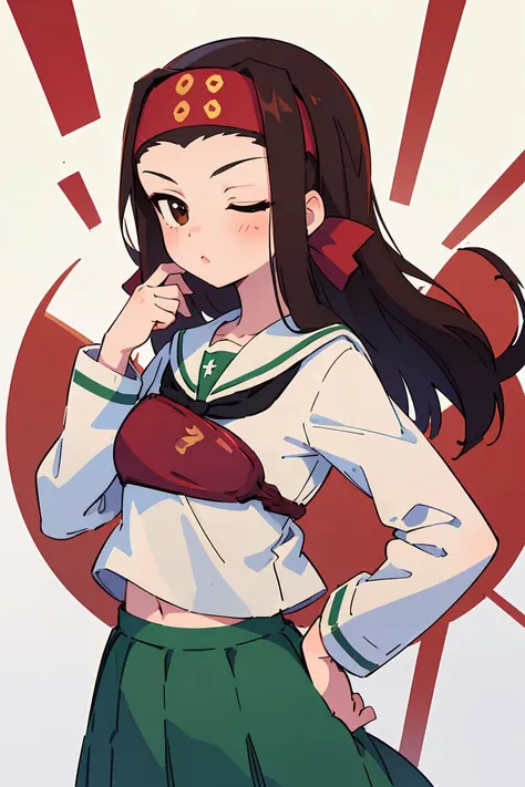 (masterpiece, best quality), 1girl, <lora:LoRA_Saemonza:1> SaemonzaSchool, long hair, headband, brown hair, brown eyes, one eye closed, red headband, school uniform, ooarai school uniform, serafuku, long sleeves, muneate, neckerchief, blouse, white shirt, pleated skirt, green skirt,