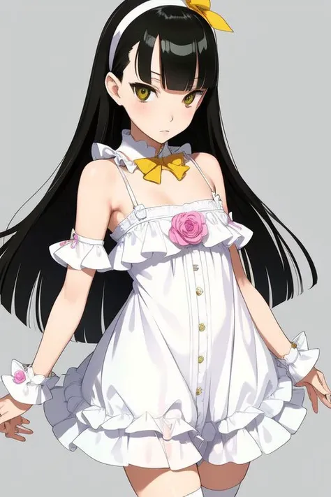 Kazamori, Black eyes, yellow-green eyes, black hair, very long hair, blunt bangs, center-flap bangs, white dress, frilled dress, cross-laced dress, center opening, frilled leotard, white shoes, simple hairband, white hairband, wrist cuffs, white wrist cuffs, ribbon, purple ribbon, flat chest, handbag, light pink handbag, bare shoulders, white frilled collar, flowers on collar, blue flowers,