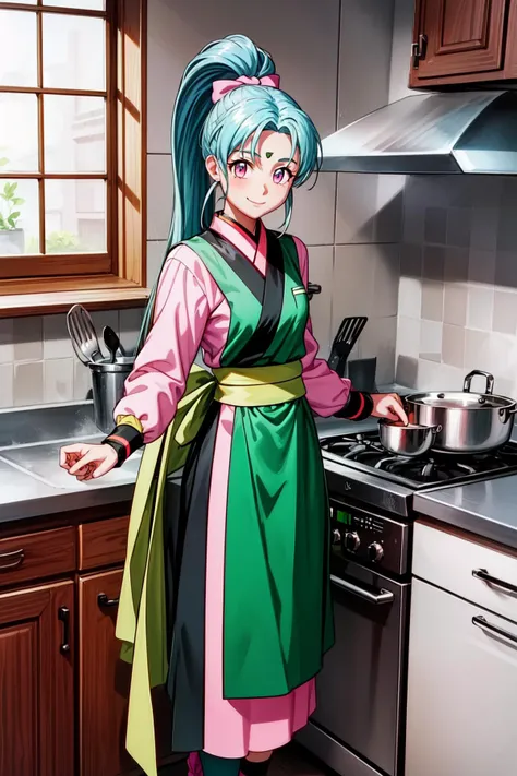 (detailed hands),(perfect anatomy), masterpiece,beautiful detailed eyes,official art, extremely detailed CG,
best quality, ultra-detailed,cinematic lighting, (gleaming_skin:1.2),(anime screencap),character focus,1girl,  BREAK
standing, cooking, kitchen, smile,
<lora:flat2:-0.7>
sasami,long_hair, ponytail:1.4, aqua_hair, 
<lora:sasami_v11:0.8>outfit1,green_sleeveless_dress,light_green_obi,pink_shirt,pink_legwear,