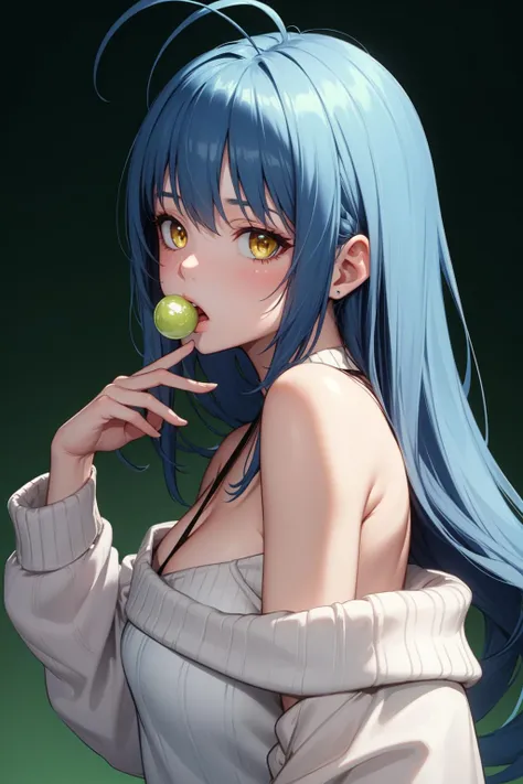 (masterpiece, best quality, ultra detailed:1.4), 1girl, antenna_hair, bare_shoulders, blue_hair, from_side, gradient_background, green_background, hand_to_own_mouth, long_hair, looking_at_viewer, off-shoulder_sweater, off_shoulder, simple_background, solo, sweater, upper_body, yellow_eyes