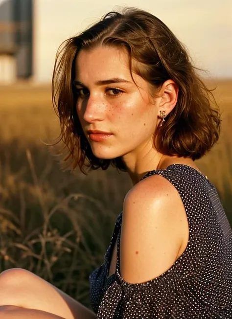 A stunning intricate color close up portrait of (sks woman:1) , wearing Polka dot dress and kitten heels, epic character composition, sharp focus, natural lighting, subsurface scattering, f2, 35mm, film grain, , by Dorothea Lange, <lora:locon_brookemonk_v1_from_v1_64_32:1>