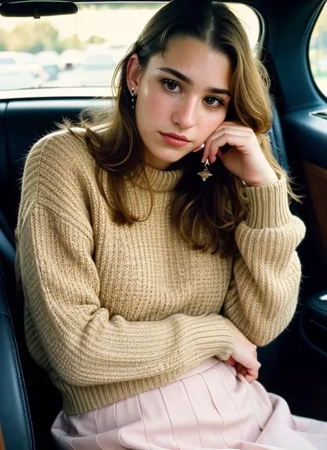 A stunning intricate color close up portrait of (sks woman:1) , wearing Skirt and a sweater, epic character composition, sharp focus, natural lighting, subsurface scattering, f2, 35mm, film grain, , by William Eggleston, <lora:locon_brookemonk_v1_from_v1_64_32:1>