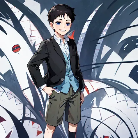 1boy, selim bradley,pride, <lora:Chara_selim:0.8> ,hand_in_pocket, jacket, looking_at_viewer, male_focus, shirt, shorts, smirk, solo, standing, :p
