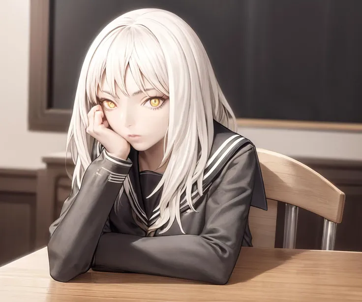 <lora:Claymore-NAI-LyCORIS-512px:0.85>
1girl, solo, sitting at a desk, wearing school_uniform, chin_rest, white hair, finely detailed yellow eyes, indoors