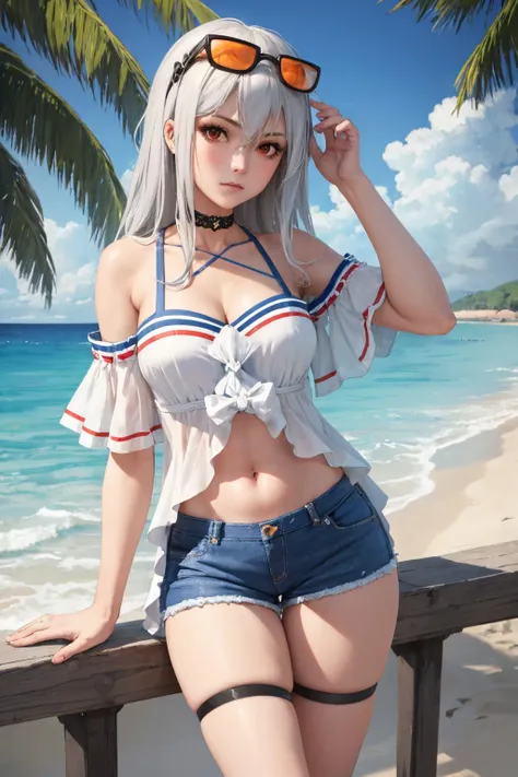 (masterpiece, best quality:1.2), solo, 1girl, skadiwave, expressionless, looking at viewer, sunglasses, eyewear on head, white shirt, off shoulder, short sleeves, blue shorts, short shorts, thigh strap, choker, bare shoulders, navel, cleavage, beach <lora:arknights_skadi:1>