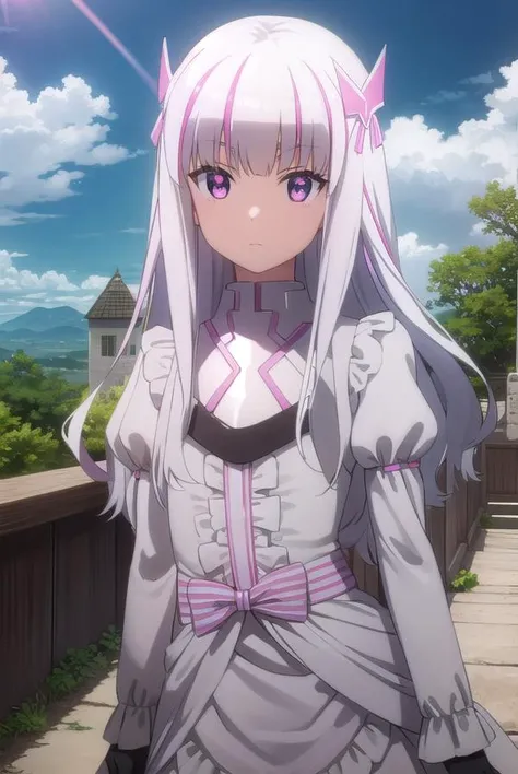 bofuriyui, <lora:bofuri yui s2-lora-nochekaiser:1>,
yui, long hair, hair ornament, white hair, bow, pink bow, vertical stripes, striped,
BREAK gloves, dress, pantyhose, puffy sleeves, white dress, long sleeves, frills,
BREAK outdoors, forest, nature, sky, sun, clouds,
BREAK looking at viewer,
BREAK <lyco:GoodHands-beta2:1>, (masterpiece:1.2), best quality, high resolution, unity 8k wallpaper, (illustration:0.8), (beautiful detailed eyes:1.6), extremely detailed face, perfect lighting, extremely detailed CG, (perfect hands, perfect anatomy),