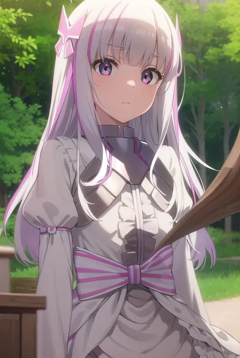 bofuriyui, <lora:bofuri yui s2-lora-nochekaiser:1>,
yui, long hair, hair ornament, white hair, bow, pink bow, vertical stripes, striped,
BREAK gloves, dress, pantyhose, puffy sleeves, white dress, long sleeves, frills,
BREAK outdoors, forest, nature, sky, sun, clouds,
BREAK looking at viewer,
BREAK <lyco:GoodHands-beta2:1>, (masterpiece:1.2), best quality, high resolution, unity 8k wallpaper, (illustration:0.8), (beautiful detailed eyes:1.6), extremely detailed face, perfect lighting, extremely detailed CG, (perfect hands, perfect anatomy),