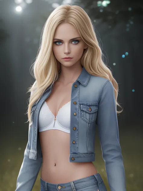 18 years old skinny blonde woman, beautiful cute face, shiny skin,small breasts,professional photo, long straight blonde hair, dramatic light, fireflies in background,focus sharp,detailed,realistic,ultra realistic,spotlight,fog in distance,very detailed face,denim mini jacket with a white bra and black lace on top under it,makeup,eyeliner, lipgloss,light glow ,gravel path in background,skin pores,uhd,8k,denim panties
