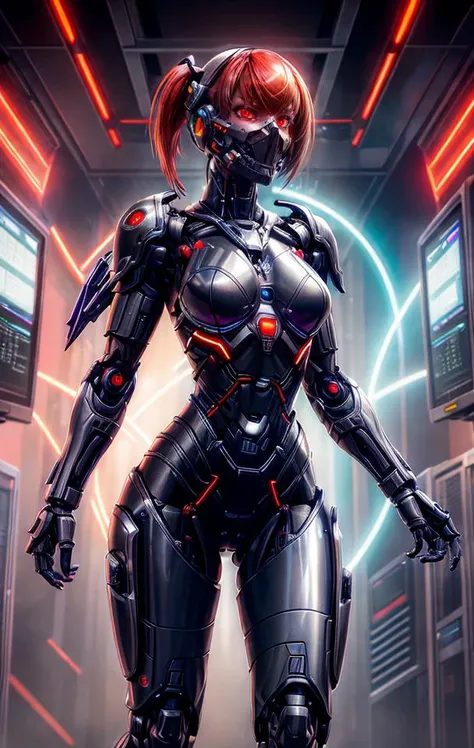 extremely detailed, (pov, 1girl, robot girl, (solo), bionic armor, metallic bones, steel and titanium skin, cybernetic skull mouth mask, mechanical joints, red LED eyes, rusted armor, readouts and displays, collar, short hair bob cut, extremely detailed fullbody armor, jetpack jet engines, dark dynamic background, glowing eyes, cyberpunk style, glowing aura), dynamic pose, android girl, cyberpunk, computer glitch, holograms, hacking, absurdres, in a hyper detailed room full of computers and computer screens, (best quality), digital illustration cyberdead, <lora:cyberdead2:0.6>  <lora:add_detail:1.1>, different poses