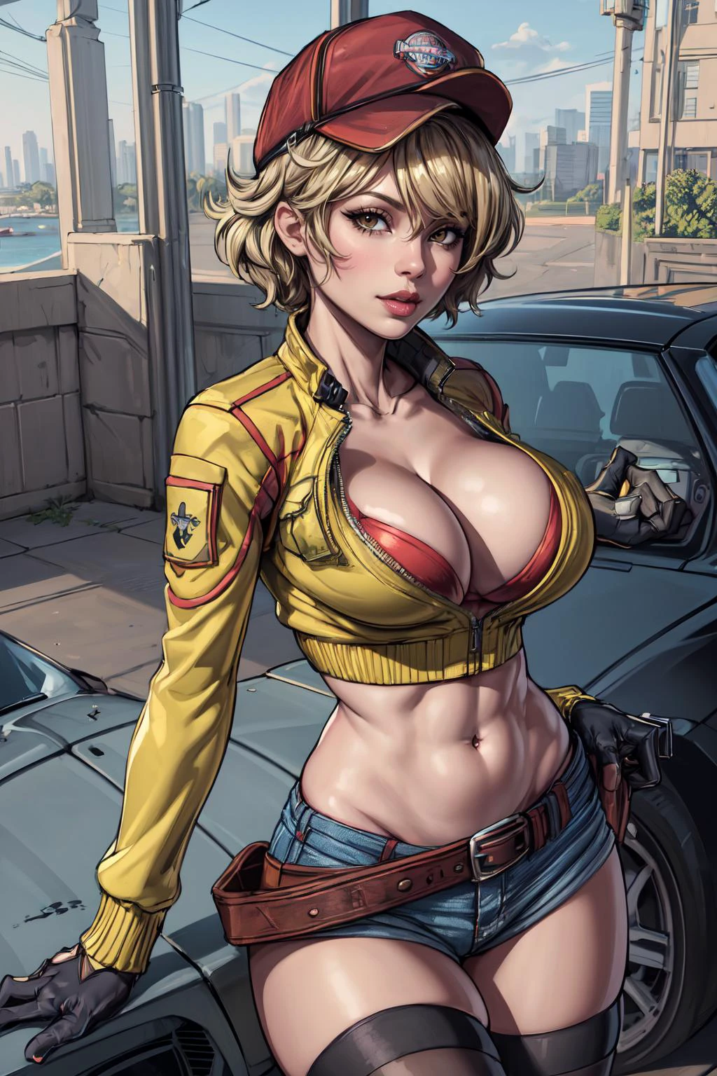 (masterpiece, 8k, 4k, extremely detailed, dynamic shading, best quality, absurdres:1.4) <lora:more_details:0.8> 1girl, milf, mature, huge tits, <lora:cindy-nvwls-v2:0.75> cindy aurum, baseball cap, cropped jacket, cleavage, orange bra, black gloves, belt, denim shorts, black stockings, white boots, thong strings