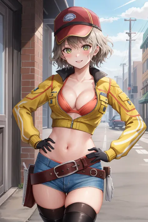 masterpiece, best quality, cindy aurum, baseball cap, cropped jacket, cleavage, orange bra, black gloves, belt, denim shorts, black stockings, white boots, standing, contrapposto, hand on hip, looking at viewer, city street, smile <lora:cindy-nvwls-v2-000010:0.9>