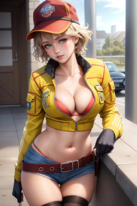 masterpiece, realistic, photorealistic, best quality, cindy aurum, baseball cap, cropped jacket, cleavage, orange bra, black gloves, belt, denim shorts, black stockings, cowboy shot, looking at viewer, leaning forward <lora:cindy-nvwls-v2-000010:0.9>