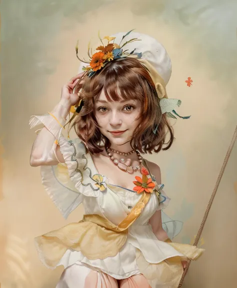 detailed_background, indoors, eyelashes, hair ornament, necklace, short hair, closed mouth, beret, hat flower, solo, bare shoulders, breasts, medium breasts, orange eyes ,brown hair, flower, yellow headwear, hat, 1girl, shirt, red flower, sophie neuenmuller, cleavage, white shirt, smile, pearl necklace, jewelry, leaf, blue flower, hand up,  <lora:sophie-12:0.8> sophieatelier,detailed_background,indoors,1girl,short hair,flower,hat flower,orange eyes,atelier \(series\),cleavage,solo,necklace,blue flower,virno,brown hair,beret,hair ornament,jewelry,sophie neuenmuller,atelier sophie,highres,shirt,eyelashes,closed mouth,pearl necklace,hand up,smile,breasts,yellow headwear,leaf,hat,white shirt,red flower,medium breasts,bare shoulders