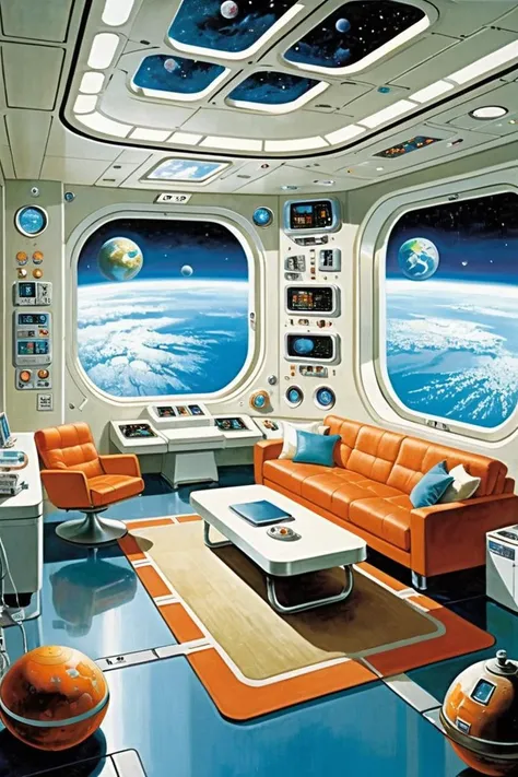 a brightly colored living room with a view of the earth