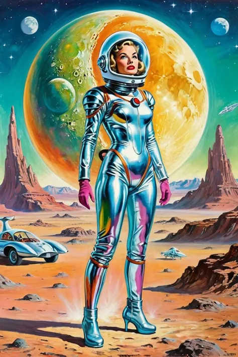 (a colorful action movie poster:1.2) of a 50s scifi woman wearing a polished aluminum suit standing in a alien deserted moon landscape with a jetpack, a glass dome helmet, perfect hair (AtompunkSDXL)