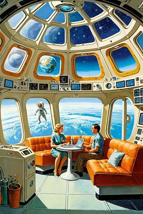 arafed view of a man and woman sitting on a couch in a space station