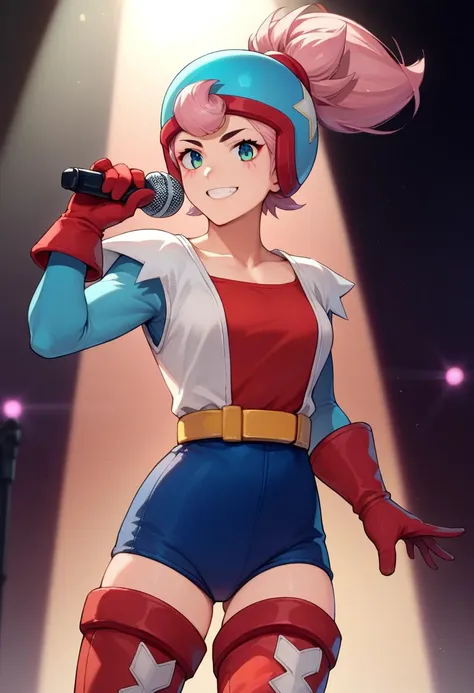 score_9, score_8_up, score_7_up, source_anime, solo, 1girl, bsjanet, smile, looking at viewer, holding microphone, ponytail, helmet, multicolored clothes, blue leotard, long sleeves, red gloves, thigh boots, belt, spotlight <lora:brawlstars_janet_ponyXL:1>