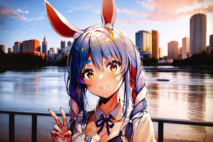 anirl, 1girl, usada pekora, rabbit ears, twin braids, two-tone hair, (selfie:1.3), v,, best quality, ultra high res, (photorealistic:1.4),