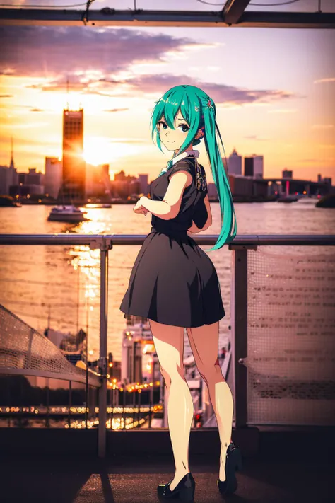 anirl, 1girl, standing, full body, city, looking at viewer, smile, hatsune miku, twintails,, best quality, ultra high res, (photorealistic:1.4),