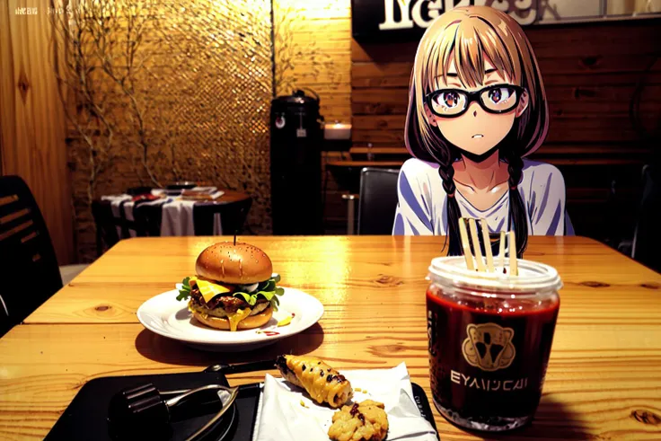 anirl, 1girl, sitting, resturant, pov date, twin braids, glasses, black hair, burger,, best quality, ultra high res, (photorealistic:1.4),