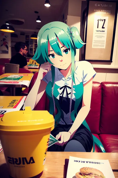 anirl, 1girl, sitting, resturant, (pov dating:1.3), burgerking, dress, looking at viewer, (hatsune miku:1.3), crowded, twintails,, best quality, ultra high res, (photorealistic:1.4),