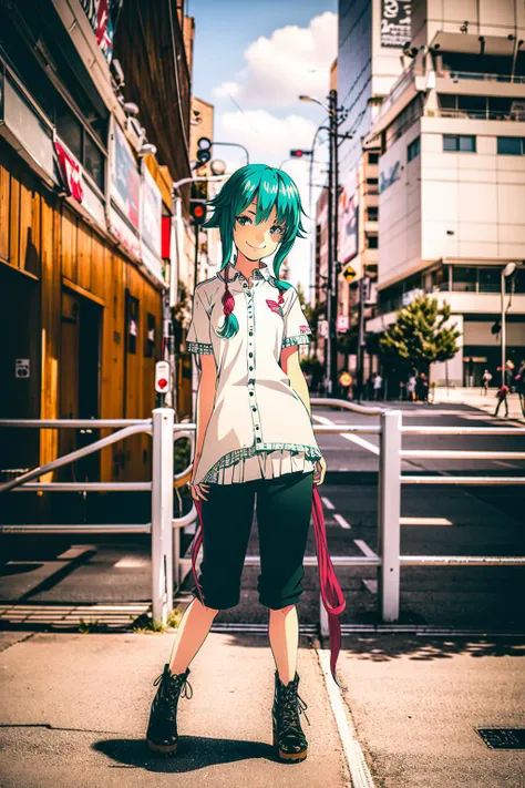 anirl, 1girl, standing, full body, city, looking at viewer, smile, hatsune miku, twintails,, best quality, ultra high res, (photorealistic:1.4),