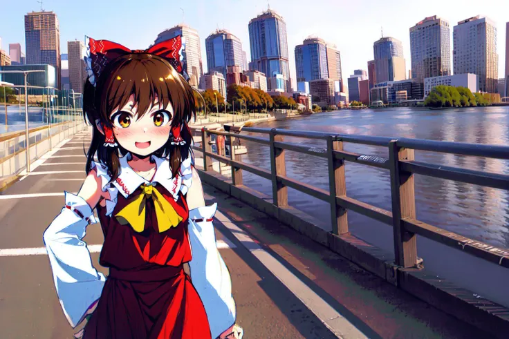 anirl, hakurei reimu, 1girl, blush, bow, brown eyes, brown hair, detached sleeves, hair bow, open mouth, red shirt, red skirt, shirt, simple background, skirt, smile, solo, white sleeves, city, outdoors, scenery,, best quality, ultra high res, (photorealistic:1.4),