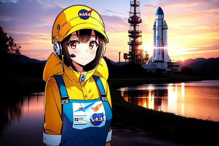 anirl, best quality, ultra high res,  1girl, (engineer:1.3), space rocket in background, upper body, overalls, nasa, headset, High-visibility clothing, facing viewer, scenery,