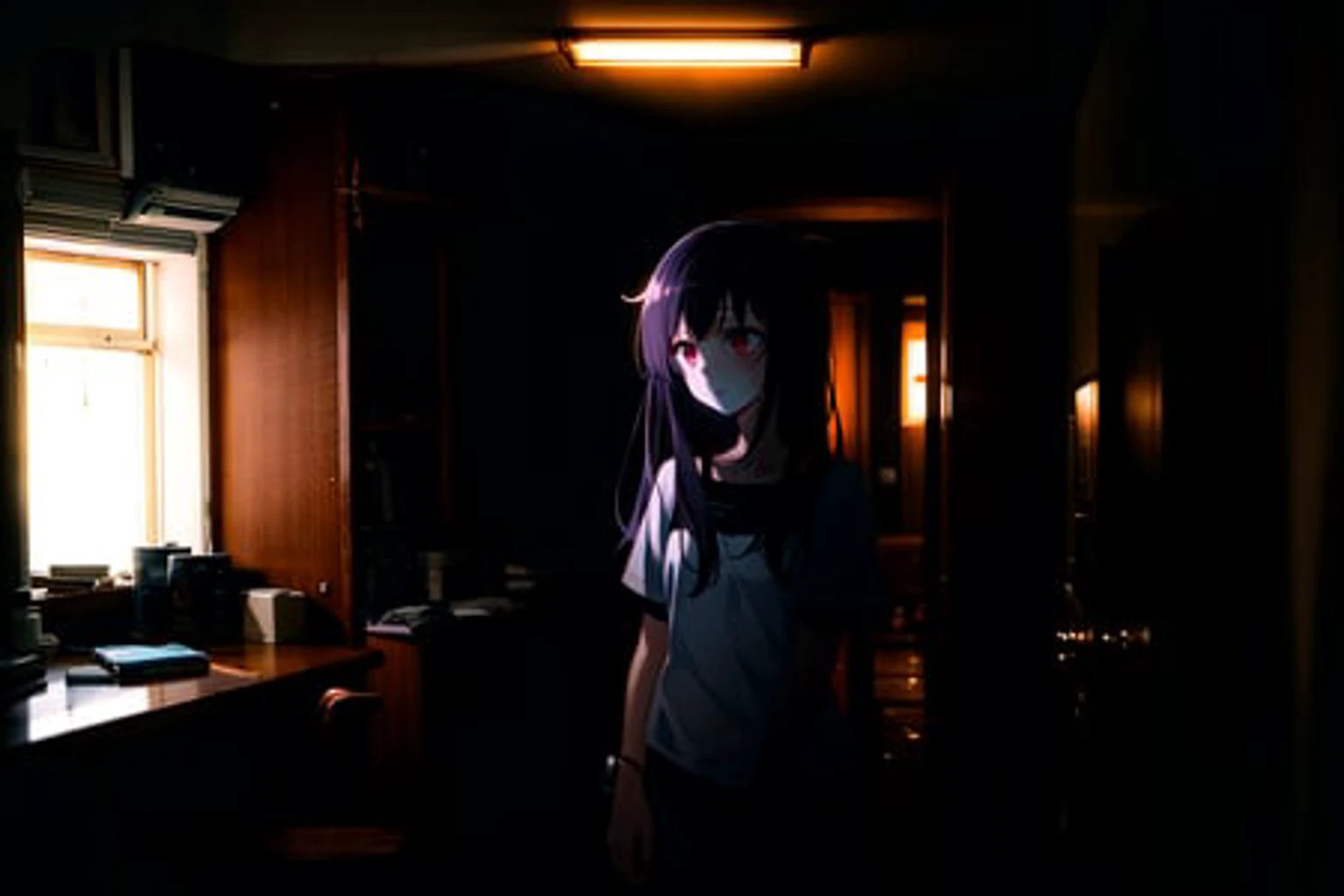 absurdres, highres, best quality, 1girl, depressed, dark room, <lora:epiNoiseoffset_v2:2>,