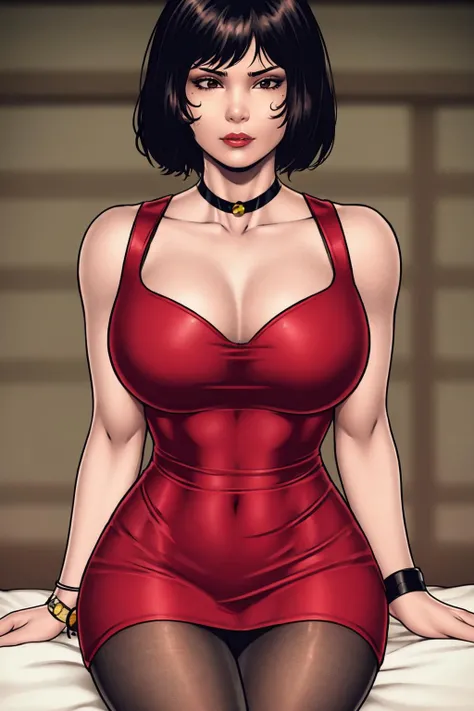 (masterpiece, best quality:1.2), <lora:medsonlima:.9>, medsonlima, 1girl, choker, solo, breasts, pantyhose, short hair, cleavage, dress, black hair, red dress, black pantyhose, sitting, black choker, watch, looking at viewer, collarbone, large breasts, bangs, bare shoulders, wristwatch, black bow, brown eyes, blurry background, jewelry, blurry, bob cut, black eyes, ada wong,