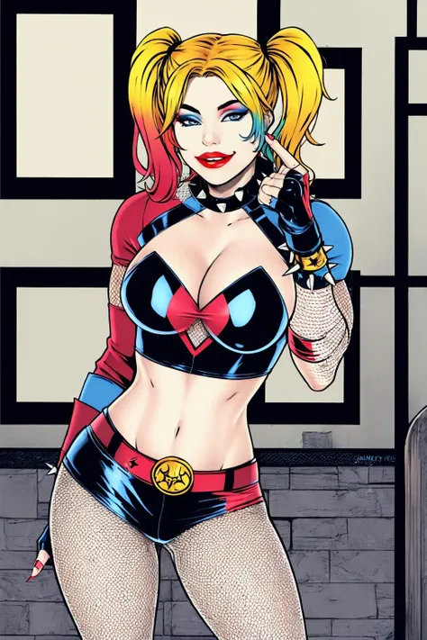 (masterpiece, best quality:1.2),  <lora:medsonlima:.9>, medsonlima, 1girl, breasts, blonde hair, twintails, solo, fingerless gloves, gloves, large breasts, fishnets, blue eyes, multicolored hair, navel, shorts, pantyhose, looking at viewer, blue hair, spiked bracelet, midriff, makeup, belt, thighhighs, smile, cleavage, micro shorts, spikes, thighs, fishnet pantyhose, red nails, jewelry, long hair, nail polish, ass visible through thighs, red lips, harley quinn,