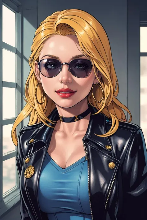 (masterpiece, best quality:1.2), <lora:medsonlima:.9>, medsonlima, 1girl, solo, sunglasses, jewelry, earrings, blonde hair, choker, hoop earrings, jacket, leather, smile, long hair, red lips, leather jacket, lipstick, makeup, denim jacket, portrait, aviator sunglasses