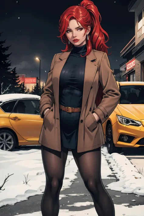 (masterpiece, best quality:1.2), <lora:medsonlima:.9>, medsonlima, 1girl, pantyhose, coat, ground vehicle, motor vehicle, ponytail, jewelry, hands in pockets, sweater, red hair, car, looking at viewer, turtleneck sweater, turtleneck, black sweater, snow, earrings, ribbed sweater, lips, outdoors, belt, brown coat, road, night, standing