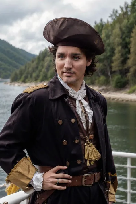 RAW photo, jtrudeau dressed as a pirate, 8k uhd, dslr, high quality, film grain, Fujifilm XT3, <lora:justin_trudeau_5:0.6>, nautical background