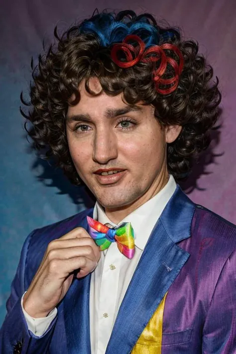 jtrudeau dressed as a clown, (rainbow clown wig), (clown nose), <lora:justin_trudeau_5:0.6>