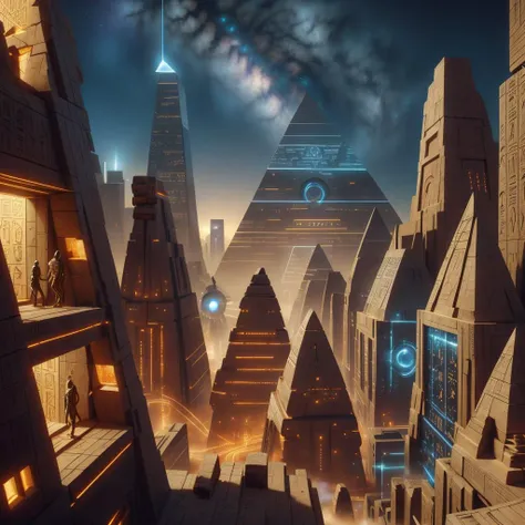 <lora:EgyptTech-30:0.8> egypttech ,scifi, hieroglyphs, sandstone,
city, buildings, rooftop view, windows, airships , city lights, night sky, starry sky,