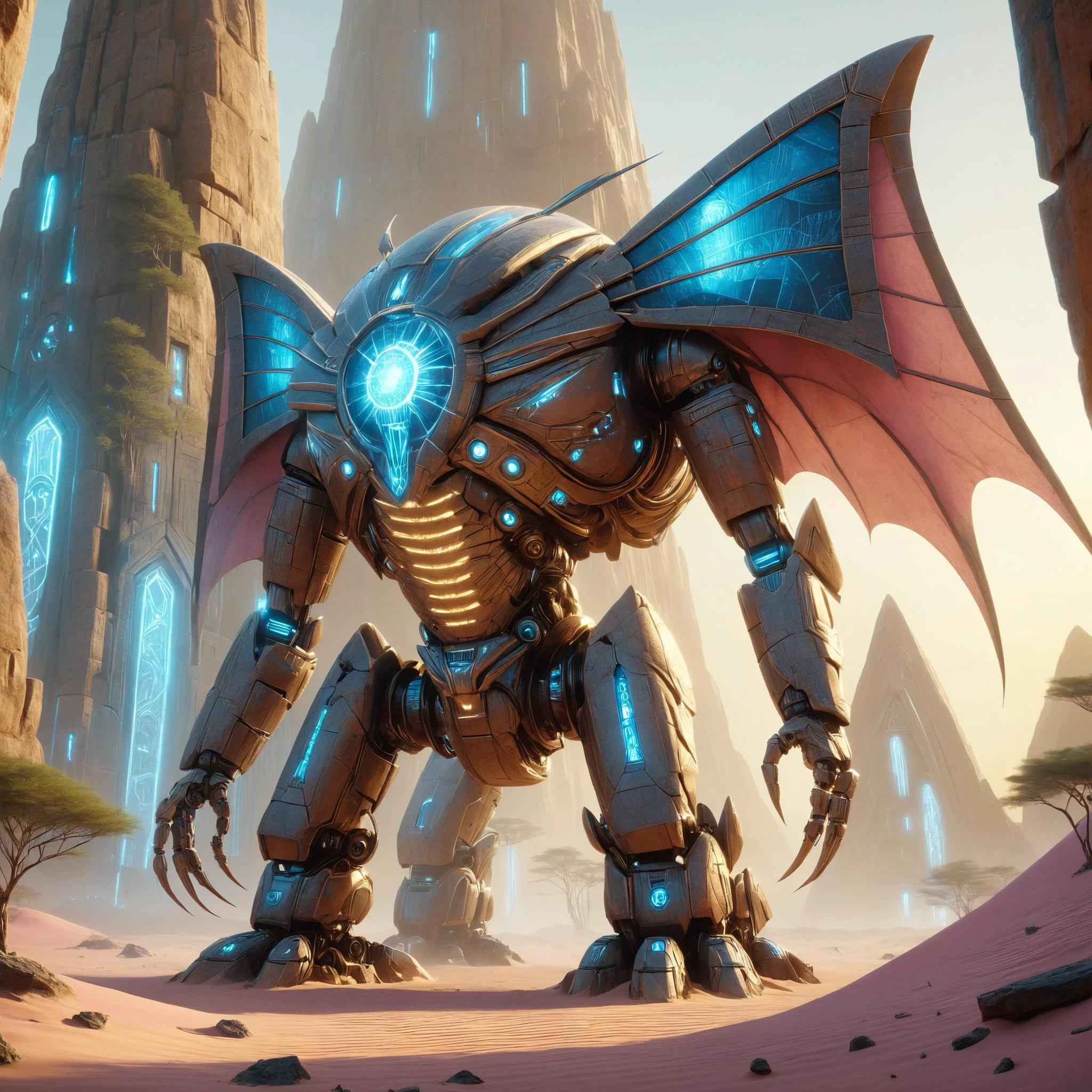 egyptTech towering insectoid monstrosity, Crystalline forests resonating with harmonic vibrations, liminal, great lighting, Cinematic lighting, inkpunk style, sharp focus, scifi, scarab arabian architecture, pink sand, gold, blue tones, unique environment, artstation trending, poster, volumetric lighting, very detailed, intricate, HD, 4K, 8K<lora:EgyptTechXL:0.8> <lora:d\EnvyLiminalXL01:0.7> <lora:great_lighting:0.4> <lora:IPXL_v8:0.7>