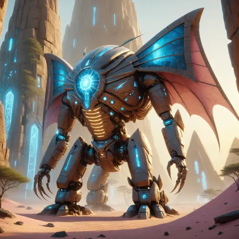 egyptTech towering insectoid monstrosity, Crystalline forests resonating with harmonic vibrations, liminal, great lighting, Cinematic lighting, inkpunk style, sharp focus, scifi, scarab arabian architecture, pink sand, gold, blue tones, unique environment, artstation trending, poster, volumetric lighting, very detailed, intricate, HD, 4K, 8K<lora:EgyptTechXL:0.8> <lora:d\EnvyLiminalXL01:0.7> <lora:great_lighting:0.4> <lora:IPXL_v8:0.7>