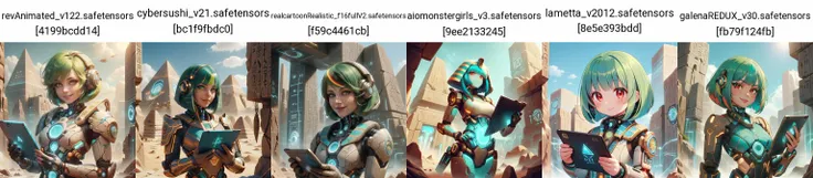<lora:EgyptTech-30:0.8> egypttech ,scifi, hieroglyphs, sandstone,
closeup, seductive smile, best quality, bob cut, red eyes, green hair,multicolored hair, aqua hair, 1girl, standing in a scifi city, holding a tablet,