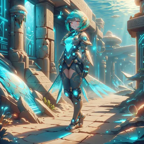 <lora:EgyptTech-30:0.8> egypttech ,scifi, hieroglyphs, sandstone,      <lora:AtlantisTech-20:0.8> atlantistech, bioluminescent , undersea,  
closeup, seductive smile, best quality, bob cut, red eyes, green hair,multicolored hair, aqua hair, 1girl, standing in an alleyway , full body,