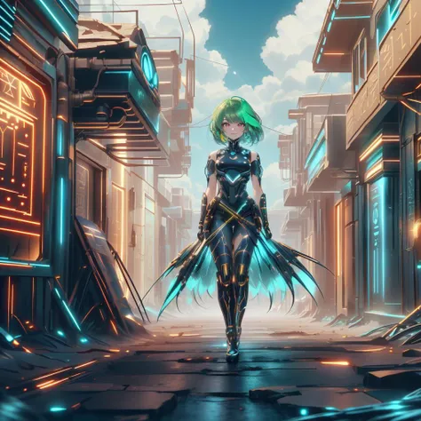 <lora:EgyptTech-30:0.6> egypttech ,scifi, hieroglyphs,   <lora:OpticalTech-60:0.8> opticaltech , optical fibers, inner glow
,closeup, seductive smile, best quality, bob cut, red eyes, green hair,multicolored hair, aqua hair, 1girl, standing in an alleyway , full body,