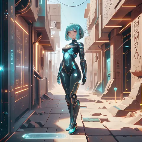 <lora:EgyptTech-30:0.6> egypttech ,scifi, hieroglyphs, sandstone, <lora:NodesTech-20:0.8> NodesTech, data-space, holographic
,closeup, seductive smile, best quality, bob cut, red eyes, green hair,multicolored hair, aqua hair, 1girl, standing in an alleyway , full body,