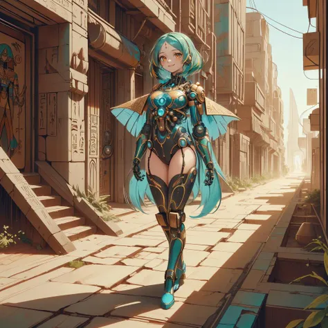 <lora:EgyptTech-30:0.6> egypttech ,scifi, hieroglyphs, sandstone, <lora:DaVinciTech-25:0.8> davincitech, by leonardo da vinci
closeup, seductive smile, best quality, bob cut, red eyes, green hair,multicolored hair, aqua hair, 1girl, standing in an alleyway , full body,