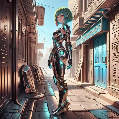<lora:EgyptTech-30:0.6> egypttech ,scifi, hieroglyphs, <lora:ChromeTech-21:0.8> chrometech , metallic , chrome ,
closeup, seductive smile, best quality, bob cut, red eyes, green hair,multicolored hair, aqua hair, 1girl, standing in an alleyway , full body,